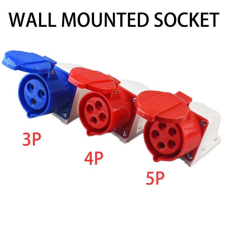Conector Industrial IP44 Impermeable – Enchufe de Pared para Conexión Eléctrica 16A/32A (3-5 Pines)