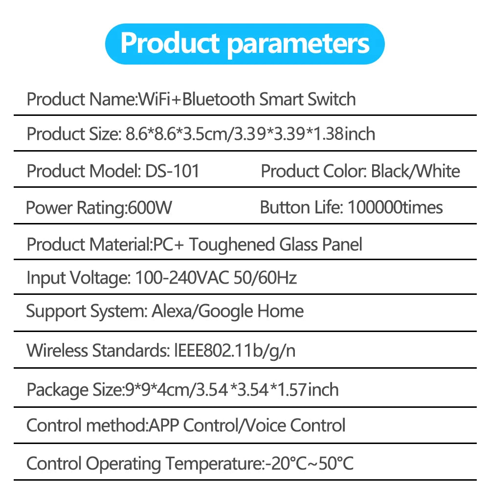 Interruptor Inteligente WiFi Tuya EU – Panel Táctil 220V, Cable Neutro, Compatible con Alexa & Google Home (1-4 Gang)