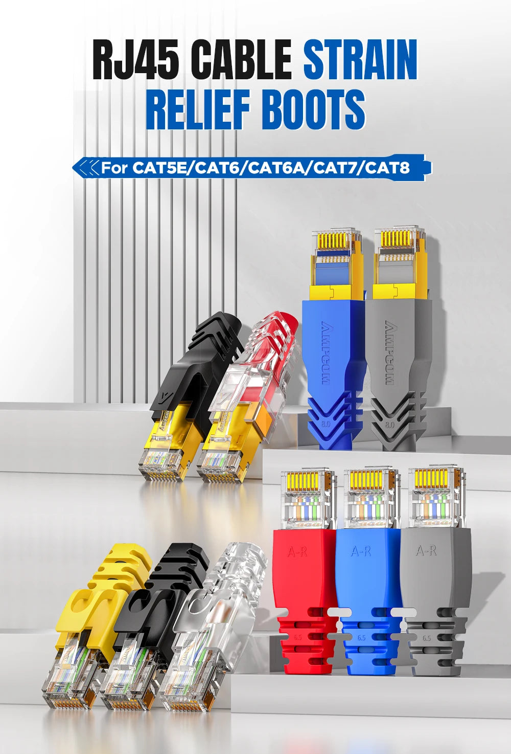 Protectores de Conector RJ45 AMPCOM – Cubiertas para Alivio de Tensión en Cables Ethernet CAT8/CAT7/CAT6A/CAT6/CAT5E