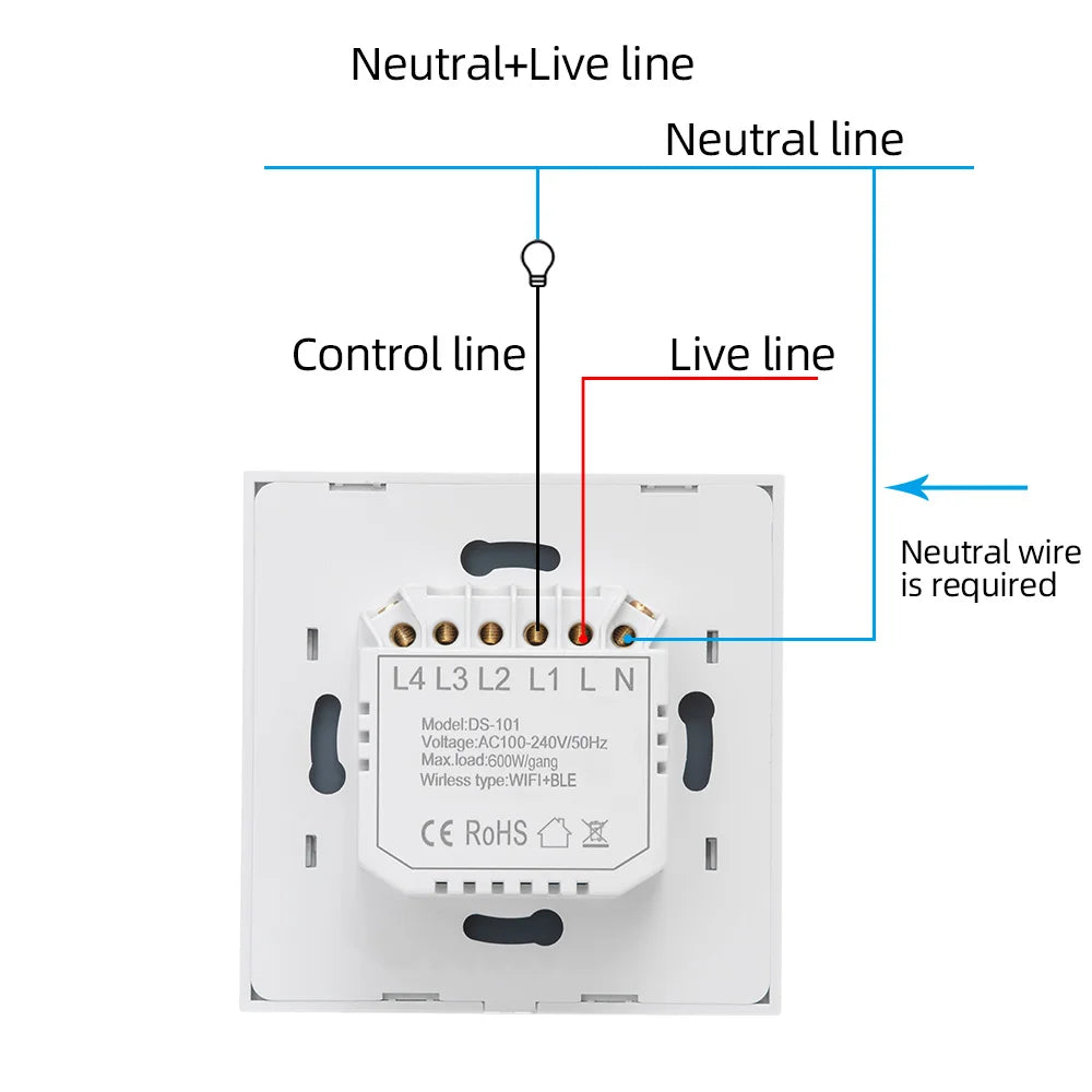 Interruptor Inteligente WiFi Tuya EU – Panel Táctil 220V, Cable Neutro, Compatible con Alexa & Google Home (1-4 Gang)