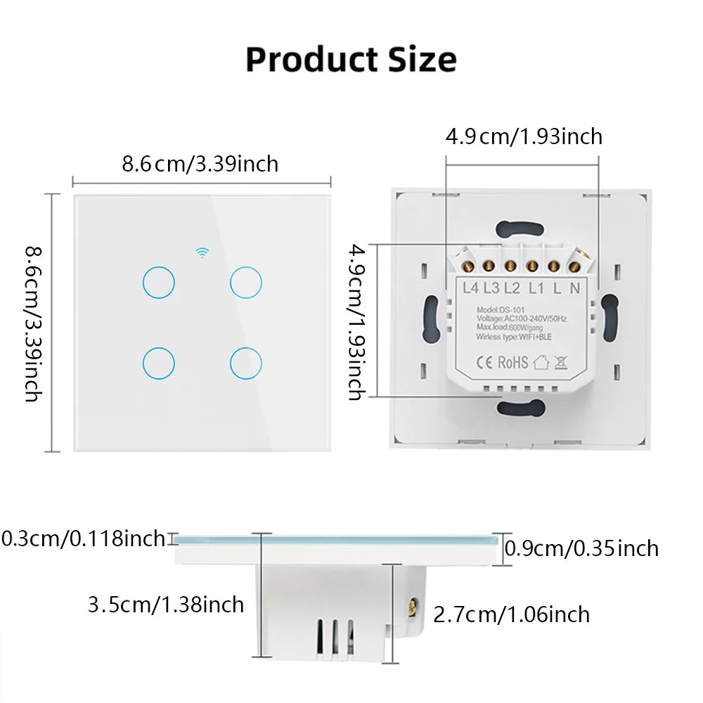 Interruptor Inteligente WiFi Tuya EU – Panel Táctil 220V, Cable Neutro, Compatible con Alexa & Google Home (1-4 Gang)