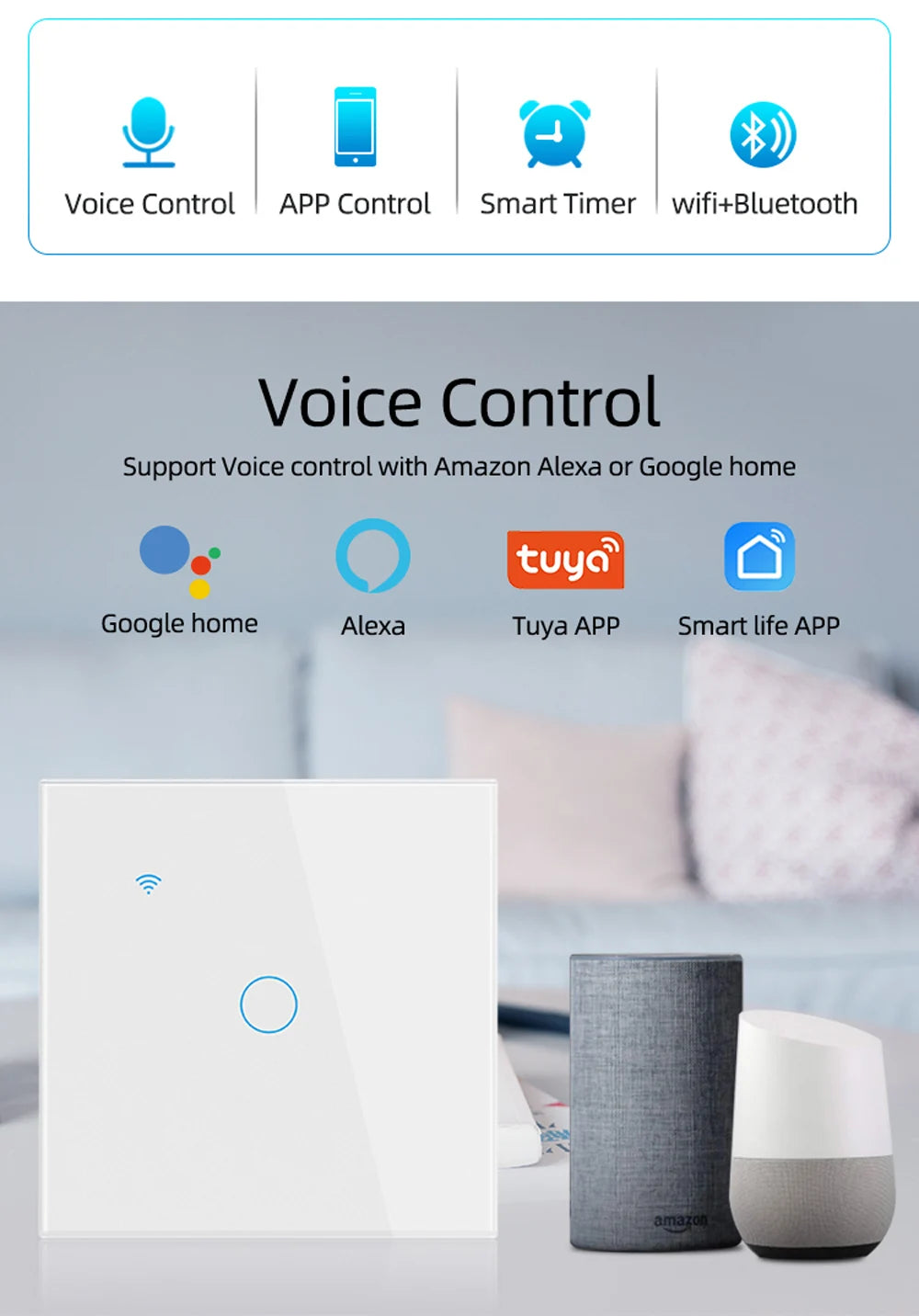 Interruptor Inteligente WiFi Tuya EU – Panel Táctil 220V, Cable Neutro, Compatible con Alexa & Google Home (1-4 Gang)