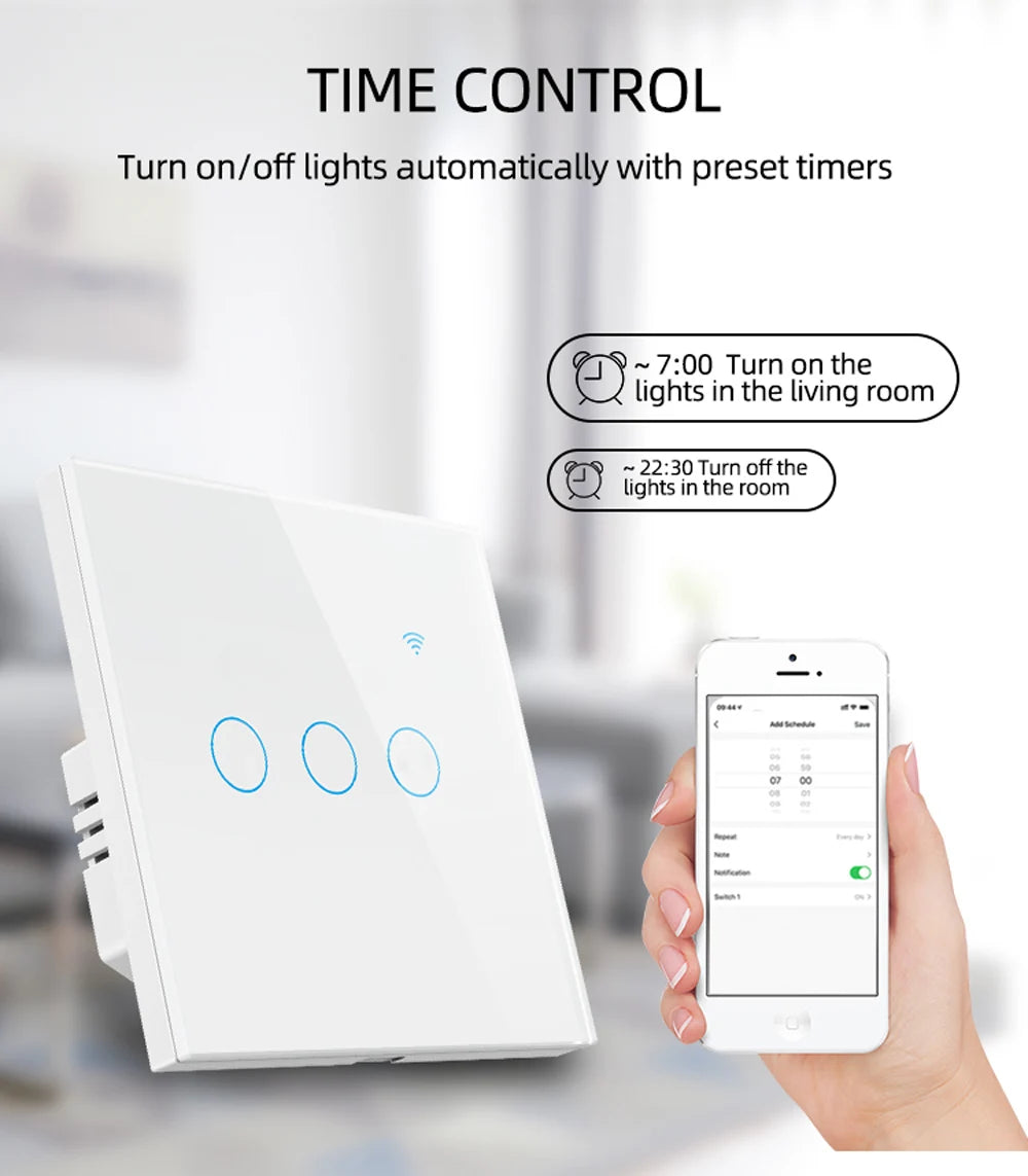 Interruptor Inteligente WiFi Tuya EU – Panel Táctil 220V, Cable Neutro, Compatible con Alexa & Google Home (1-4 Gang)