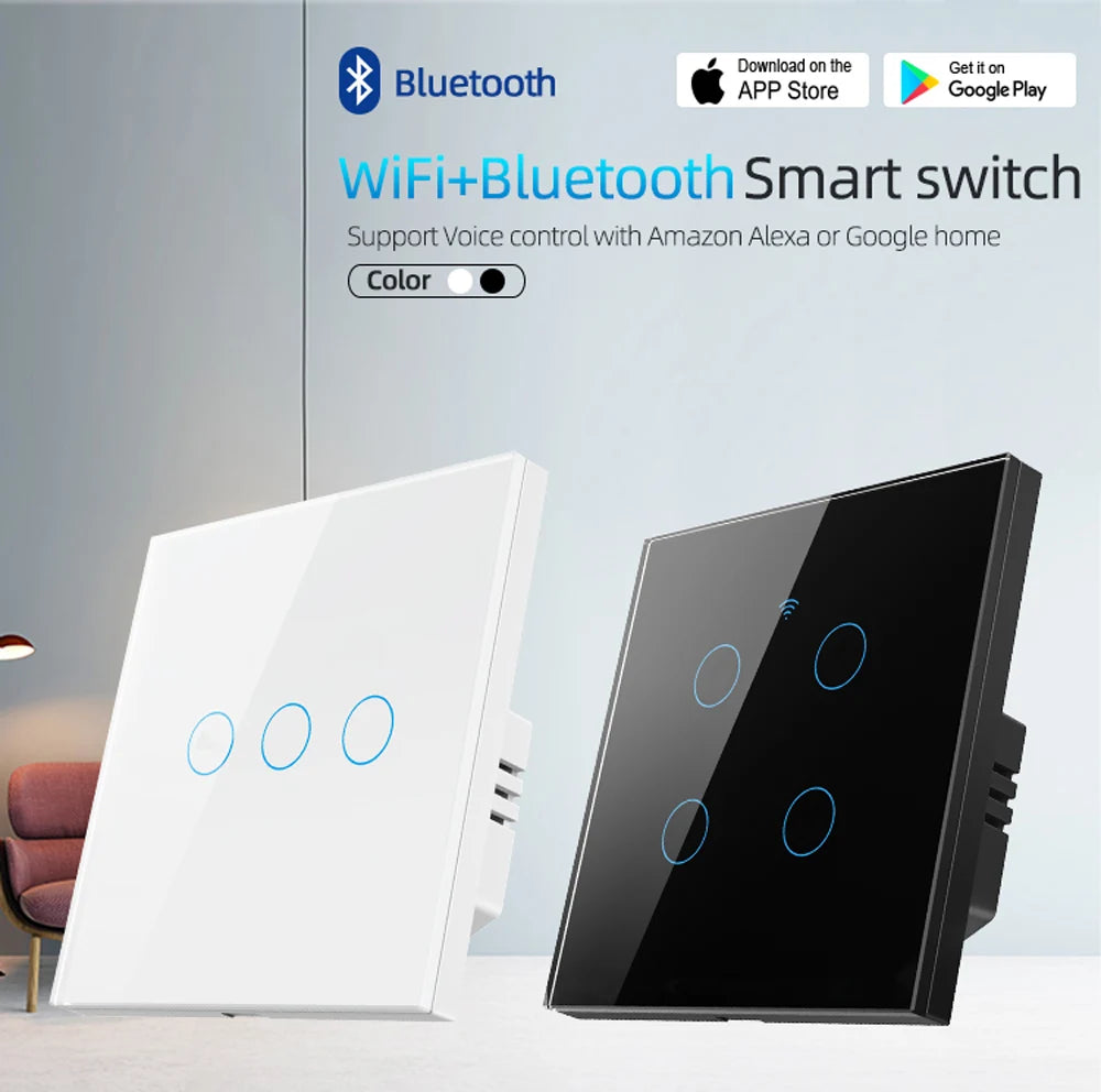 Interruptor Inteligente WiFi Tuya EU – Panel Táctil 220V, Cable Neutro, Compatible con Alexa & Google Home (1-4 Gang)