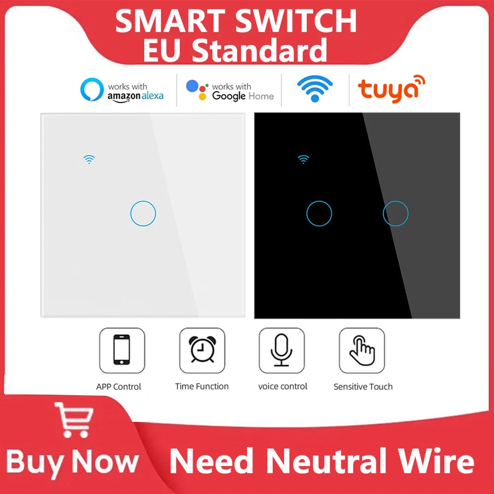 Interruptor Inteligente WiFi Tuya EU – Panel Táctil 220V, Cable Neutro, Compatible con Alexa & Google Home (1-4 Gang)