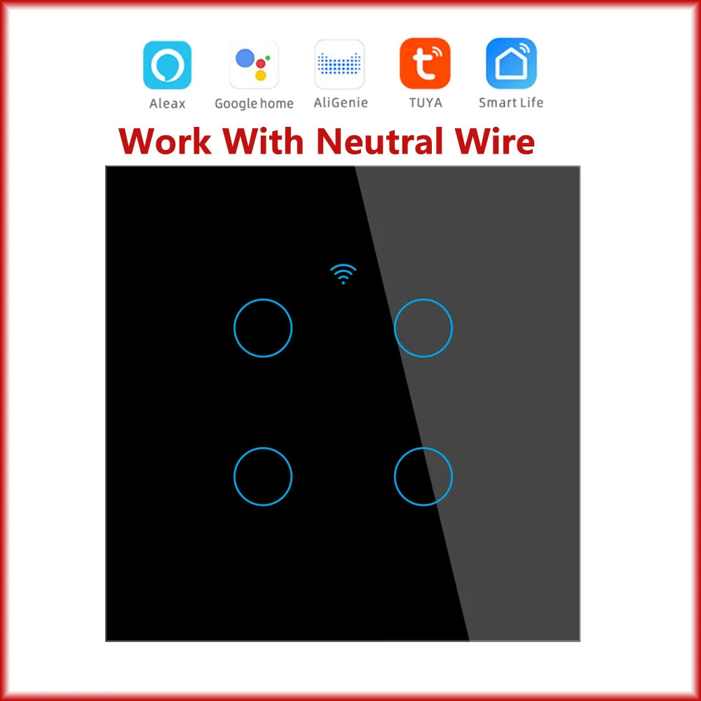 Interruptor Inteligente WiFi Tuya EU – Panel Táctil 220V, Cable Neutro, Compatible con Alexa & Google Home (1-4 Gang)