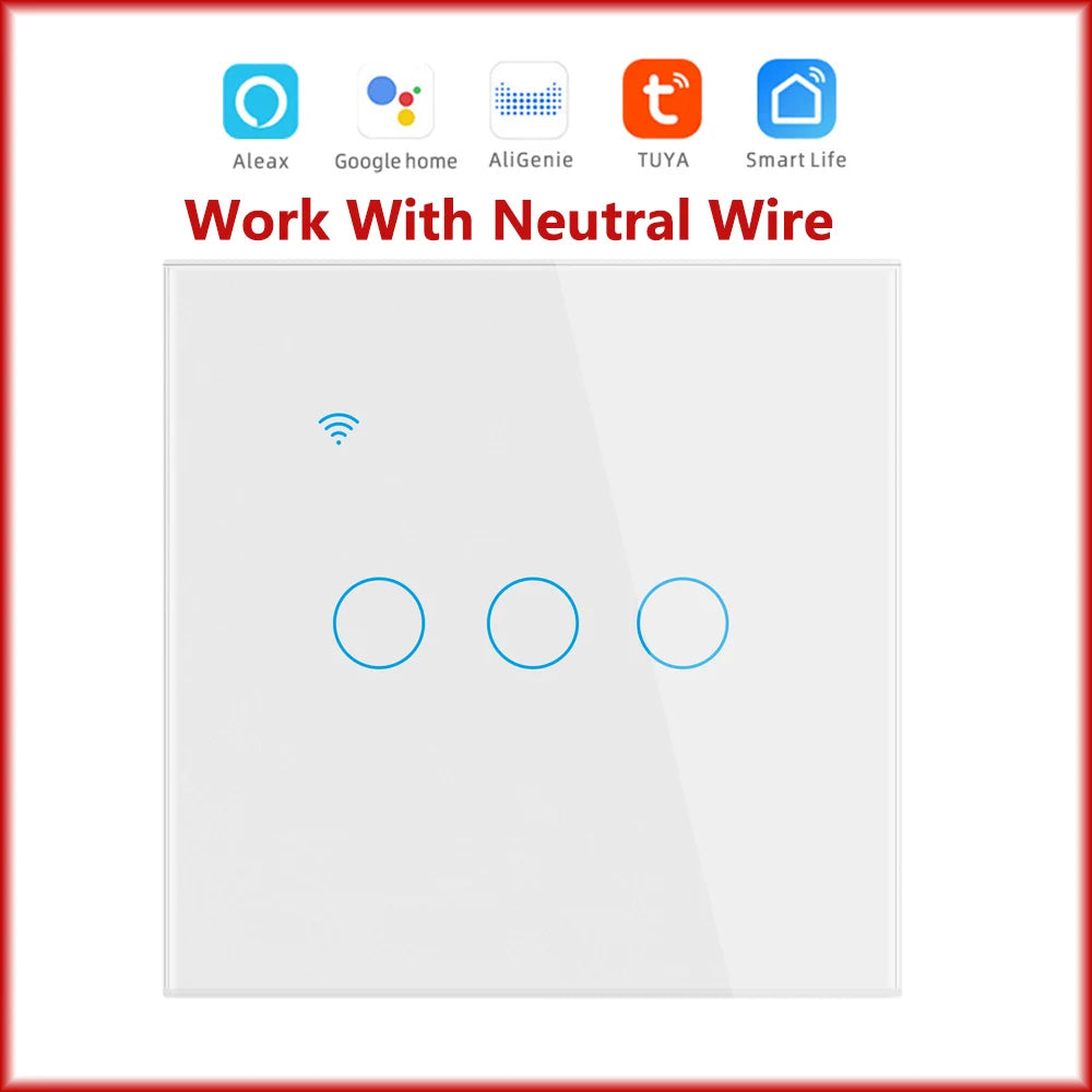 Interruptor Inteligente WiFi Tuya EU – Panel Táctil 220V, Cable Neutro, Compatible con Alexa & Google Home (1-4 Gang)