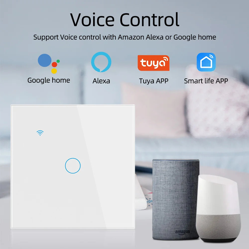Interruptor Inteligente WiFi Tuya EU – Panel Táctil 220V, Cable Neutro, Compatible con Alexa & Google Home (1-4 Gang)