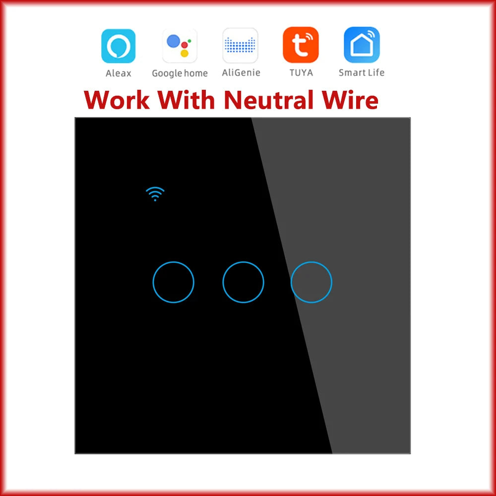 Interruptor Inteligente WiFi Tuya EU – Panel Táctil 220V, Cable Neutro, Compatible con Alexa & Google Home (1-4 Gang)