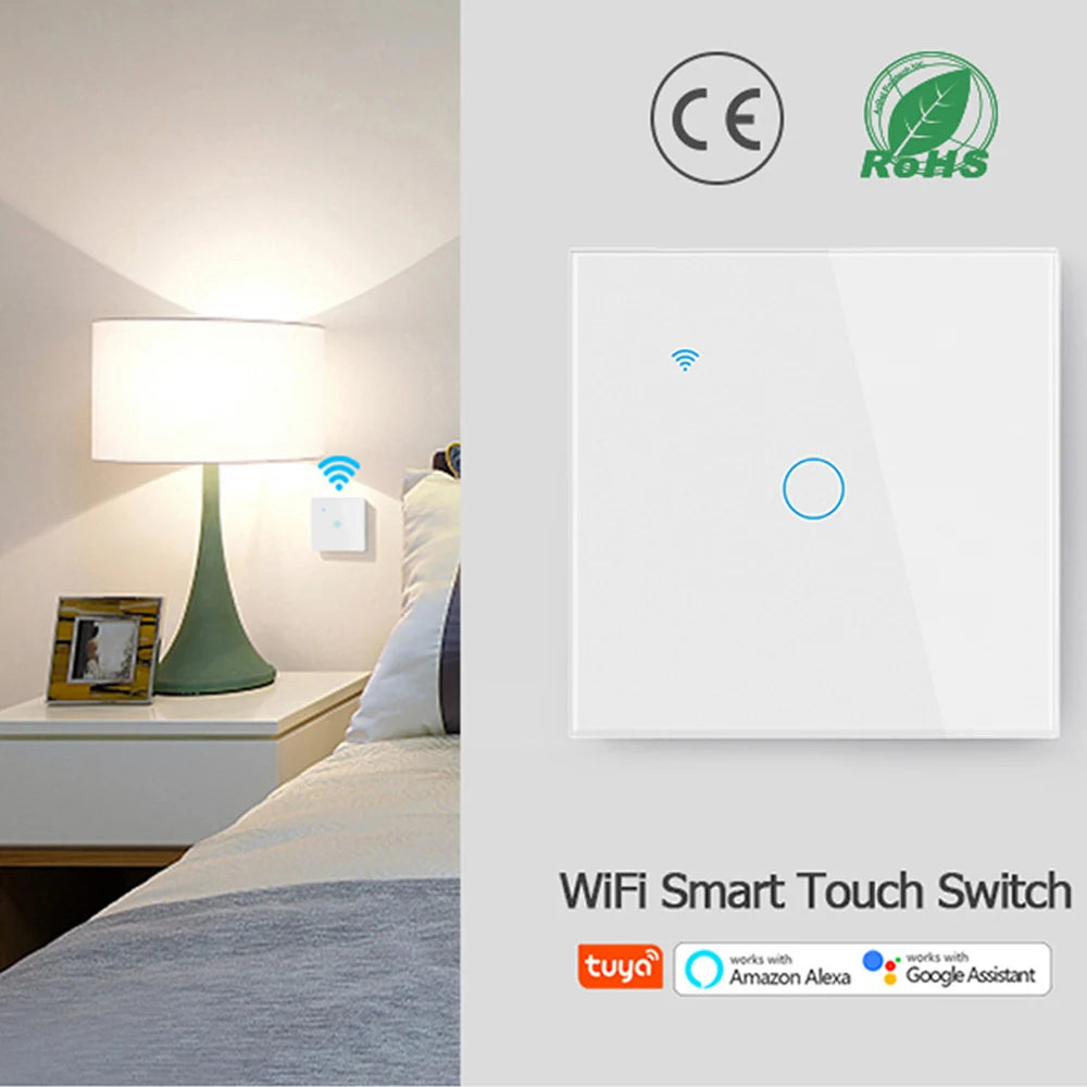 Interruptor Inteligente WiFi Tuya EU – Panel Táctil 220V, Cable Neutro, Compatible con Alexa & Google Home (1-4 Gang)
