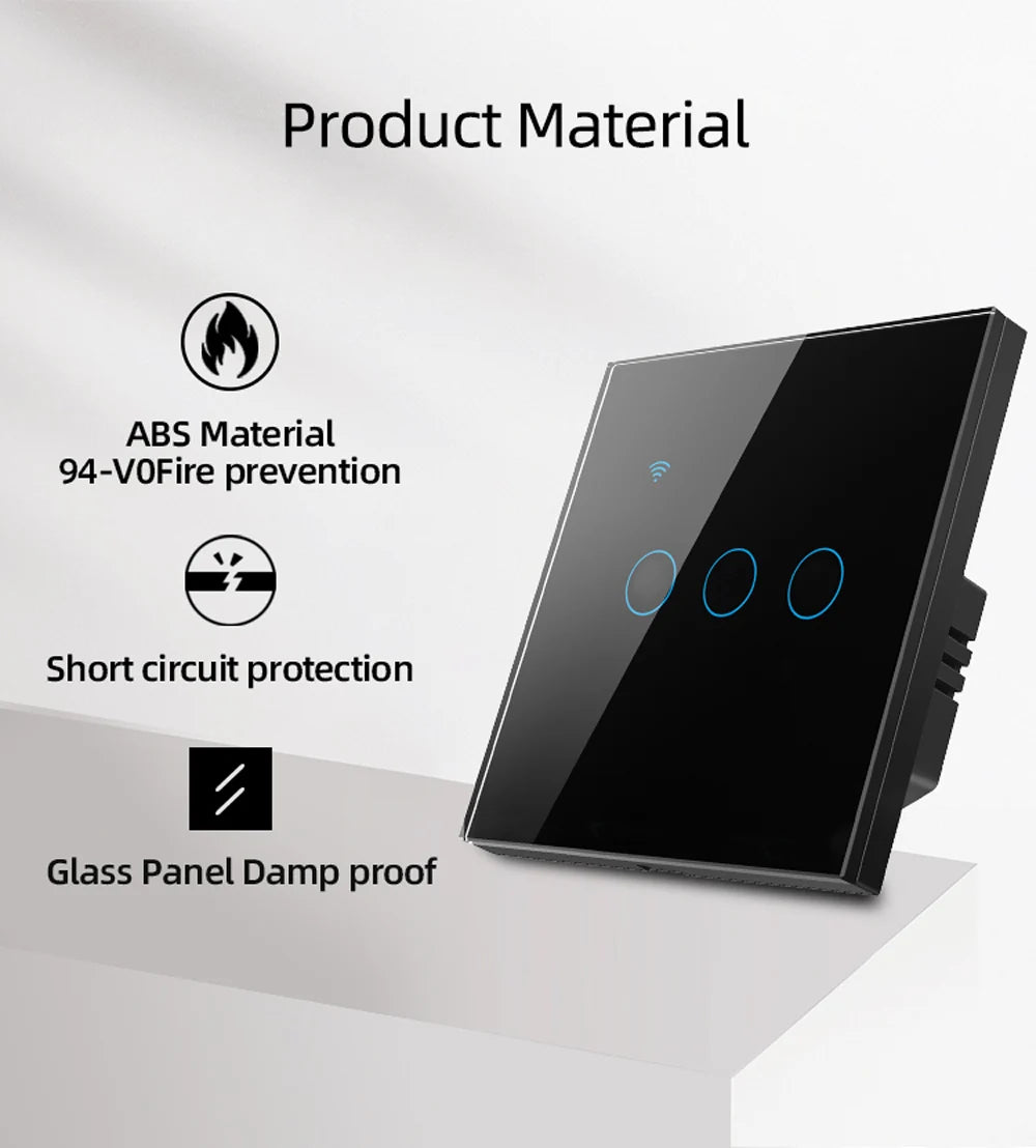 Interruptor Inteligente WiFi Tuya EU – Panel Táctil 220V, Cable Neutro, Compatible con Alexa & Google Home (1-4 Gang)