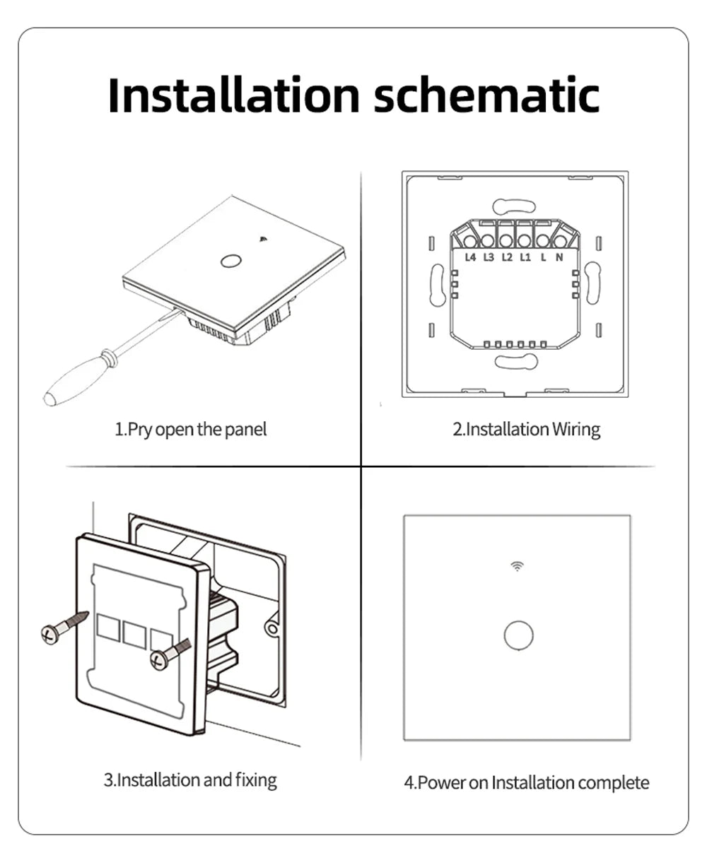 Interruptor Inteligente WiFi Tuya EU – Panel Táctil 220V, Cable Neutro, Compatible con Alexa & Google Home (1-4 Gang)