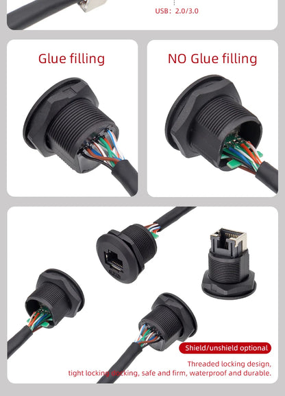 Adaptador de Montaje en Panel RJ45 IP68 – Conector Impermeable para Redes Ethernet CAT5E/CAT6A