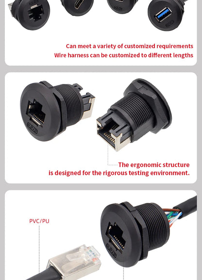 Adaptador de Montaje en Panel RJ45 IP68 – Conector Impermeable para Redes Ethernet CAT5E/CAT6A