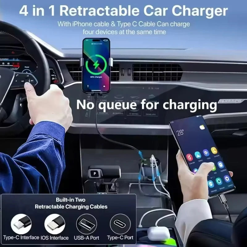 PowerFlex 120 – Cargador de Auto 4 en 1 con Cable Retráctil & USB Tipo C
