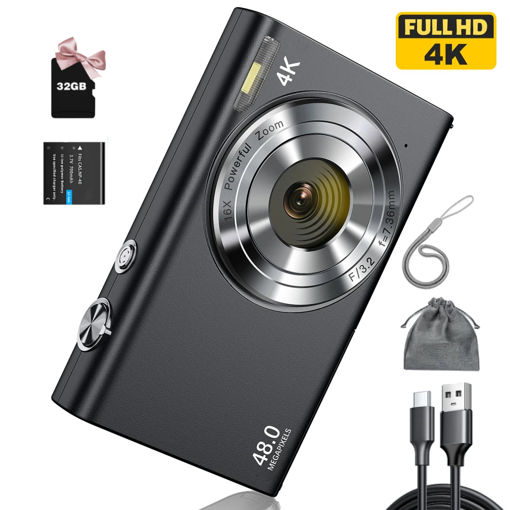 4K Digital Camera, Autofocus UHD Vlogging Camera with 32GB Card, 48MP 16X Digital Zoom Digital Camera Anti-Shake Portable Camera