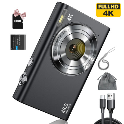 4K Digital Camera, Autofocus UHD Vlogging Camera with 32GB Card, 48MP 16X Digital Zoom Digital Camera Anti-Shake Portable Camera