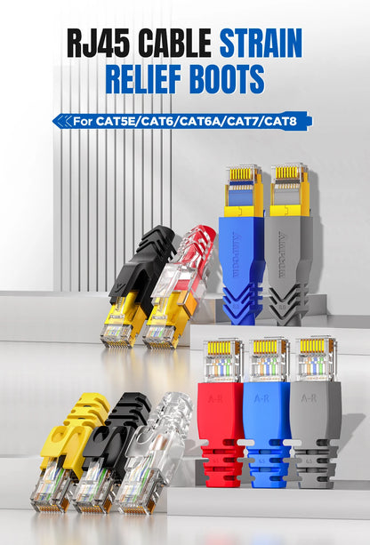 Protectores de Conector RJ45 AMPCOM – Cubiertas para Alivio de Tensión en Cables Ethernet CAT8/CAT7/CAT6A/CAT6/CAT5E