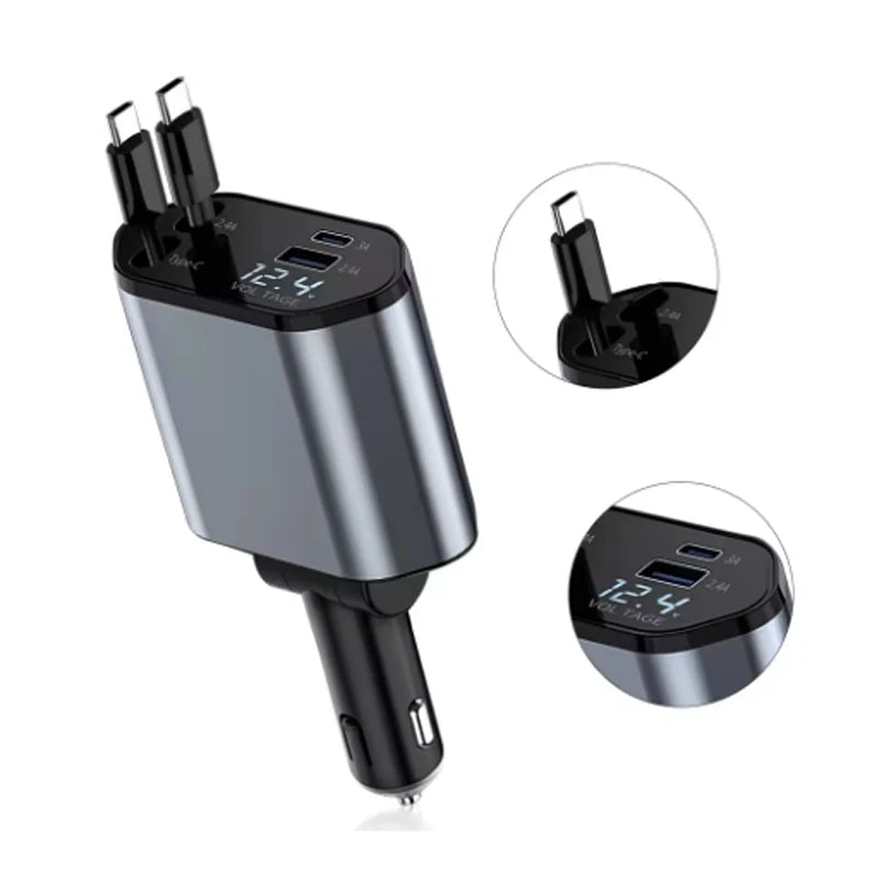 PowerFlex 120 – Cargador de Auto 4 en 1 con Cable Retráctil & USB Tipo C