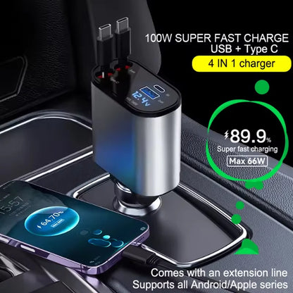 PowerFlex 120 – Cargador de Auto 4 en 1 con Cable Retráctil & USB Tipo C