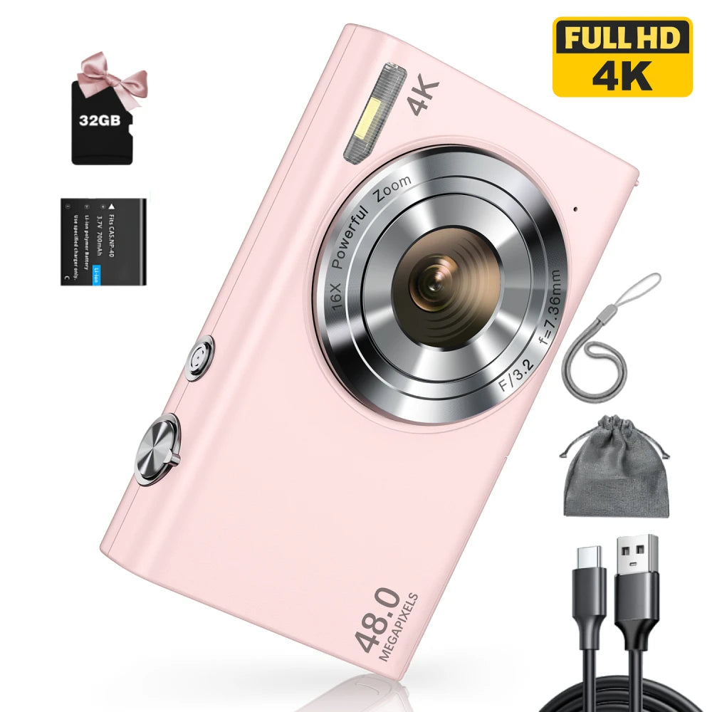 4K Digital Camera, Autofocus UHD Vlogging Camera with 32GB Card, 48MP 16X Digital Zoom Digital Camera Anti-Shake Portable Camera