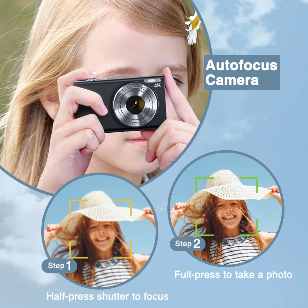 4K Digital Camera, Autofocus UHD Vlogging Camera with 32GB Card, 48MP 16X Digital Zoom Digital Camera Anti-Shake Portable Camera