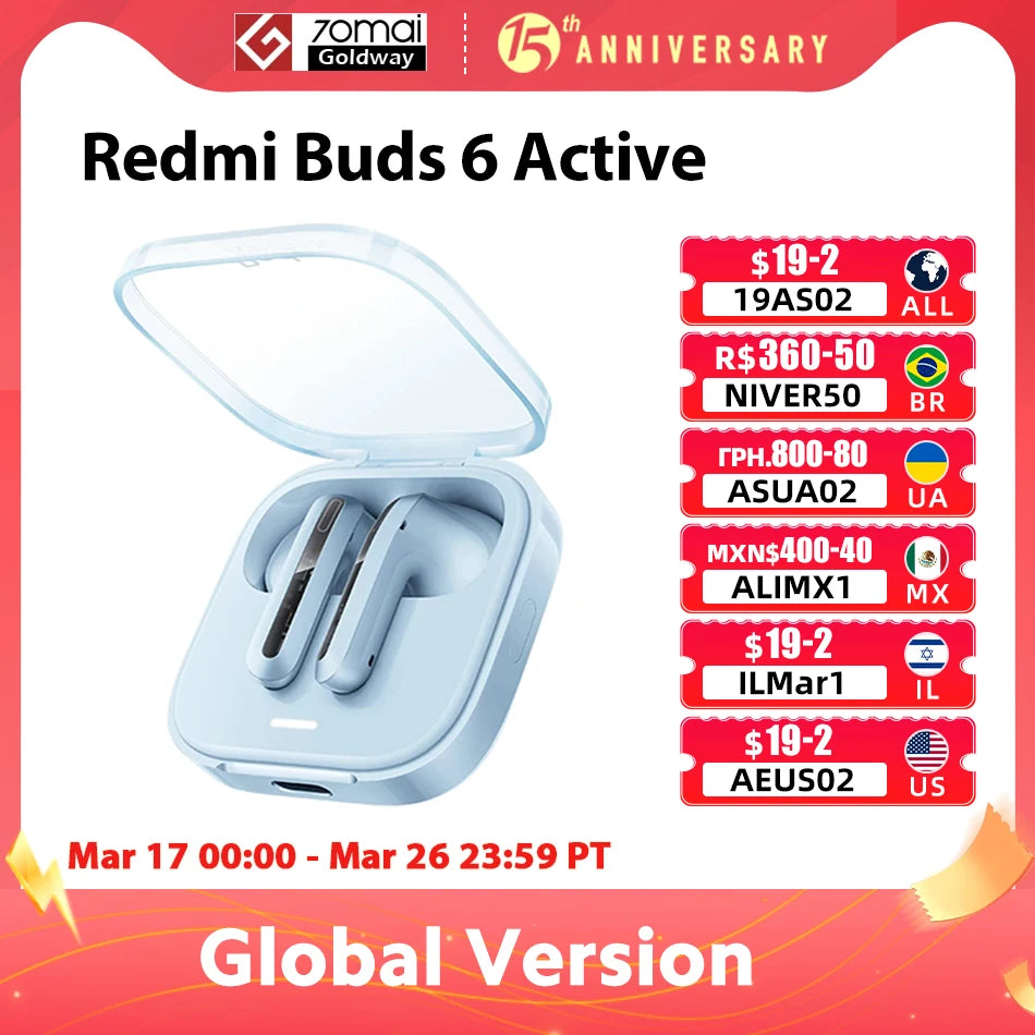 Xiaomi Redmi Buds 6 Active – Auriculares TWS Bluetooth 5.4, Cancelación de Ruido y Batería de 30 Horas