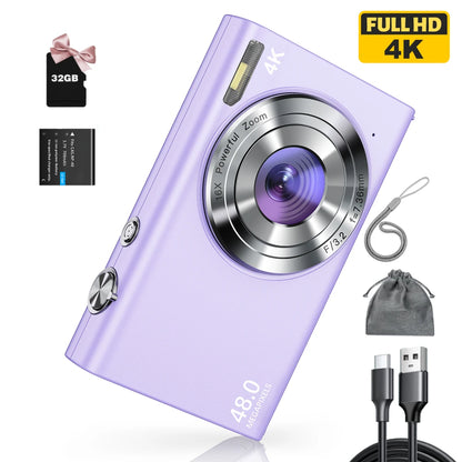 4K Digital Camera, Autofocus UHD Vlogging Camera with 32GB Card, 48MP 16X Digital Zoom Digital Camera Anti-Shake Portable Camera