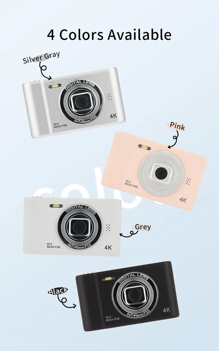 4K Digital Camera Travel Selfie Camara 50 Megapixels Zoom HD Photography 2.4inch Screen Entry-Level Kids Campus Mini Retro Cam