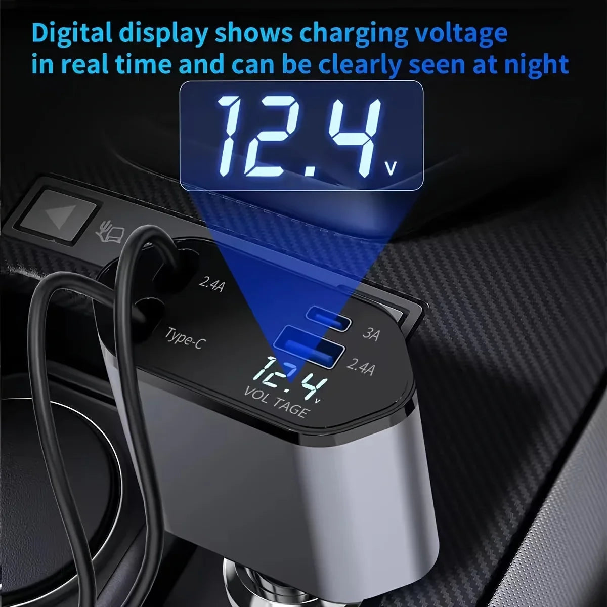PowerFlex 120 – Cargador de Auto 4 en 1 con Cable Retráctil & USB Tipo C