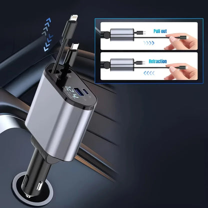 PowerFlex 120 – Cargador de Auto 4 en 1 con Cable Retráctil & USB Tipo C