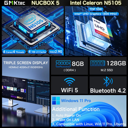 Mini PC GMKtec KB5 con Intel Celeron N5105  Windows 11 Pro, 8GB RAM y 128GB ROM