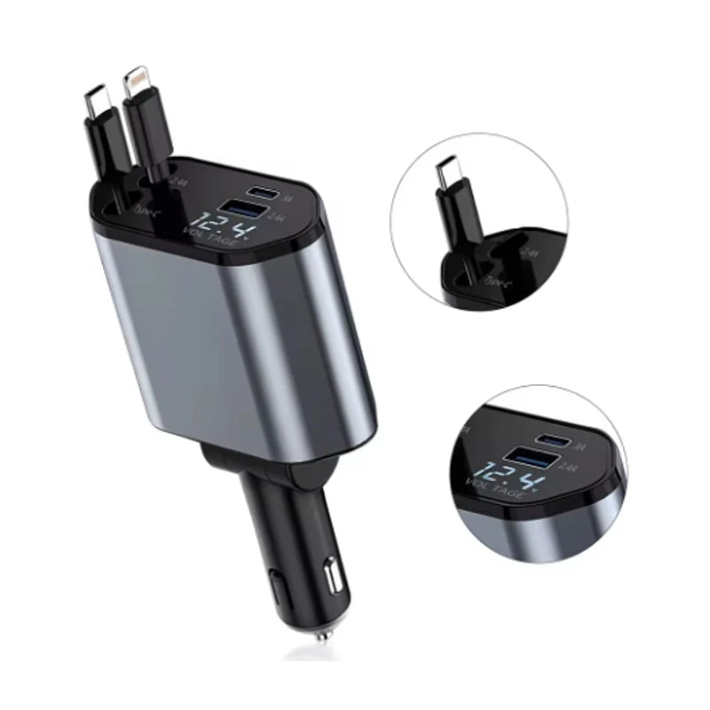 PowerFlex 120 – Cargador de Auto 4 en 1 con Cable Retráctil & USB Tipo C