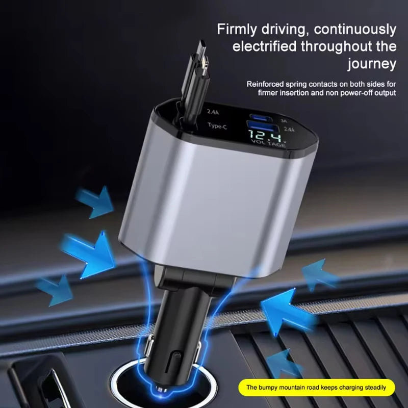 PowerFlex 120 – Cargador de Auto 4 en 1 con Cable Retráctil & USB Tipo C