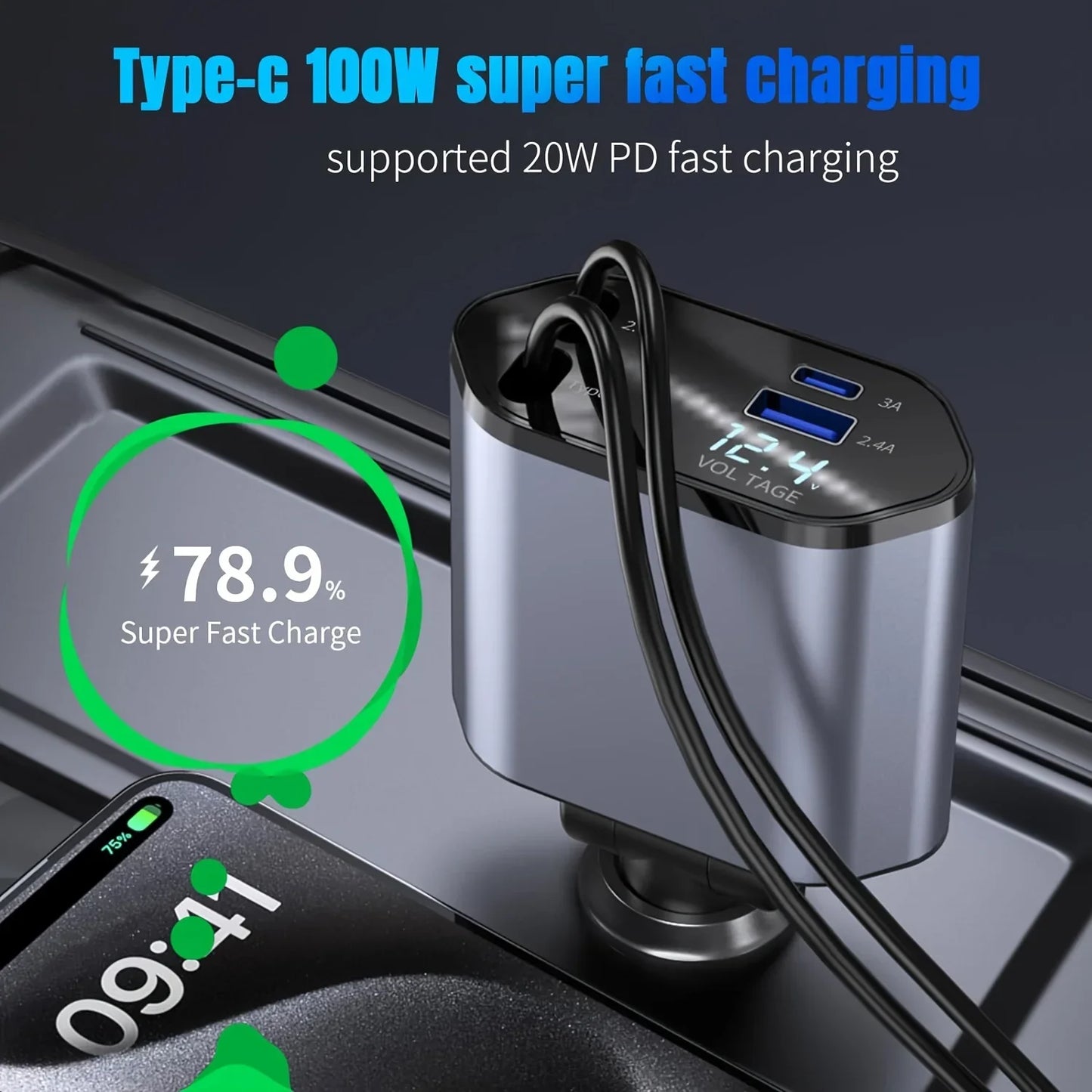 PowerFlex 120 – Cargador de Auto 4 en 1 con Cable Retráctil & USB Tipo C