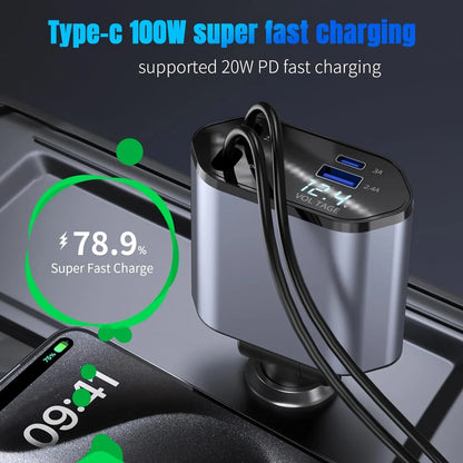 PowerFlex 120 – Cargador de Auto 4 en 1 con Cable Retráctil & USB Tipo C