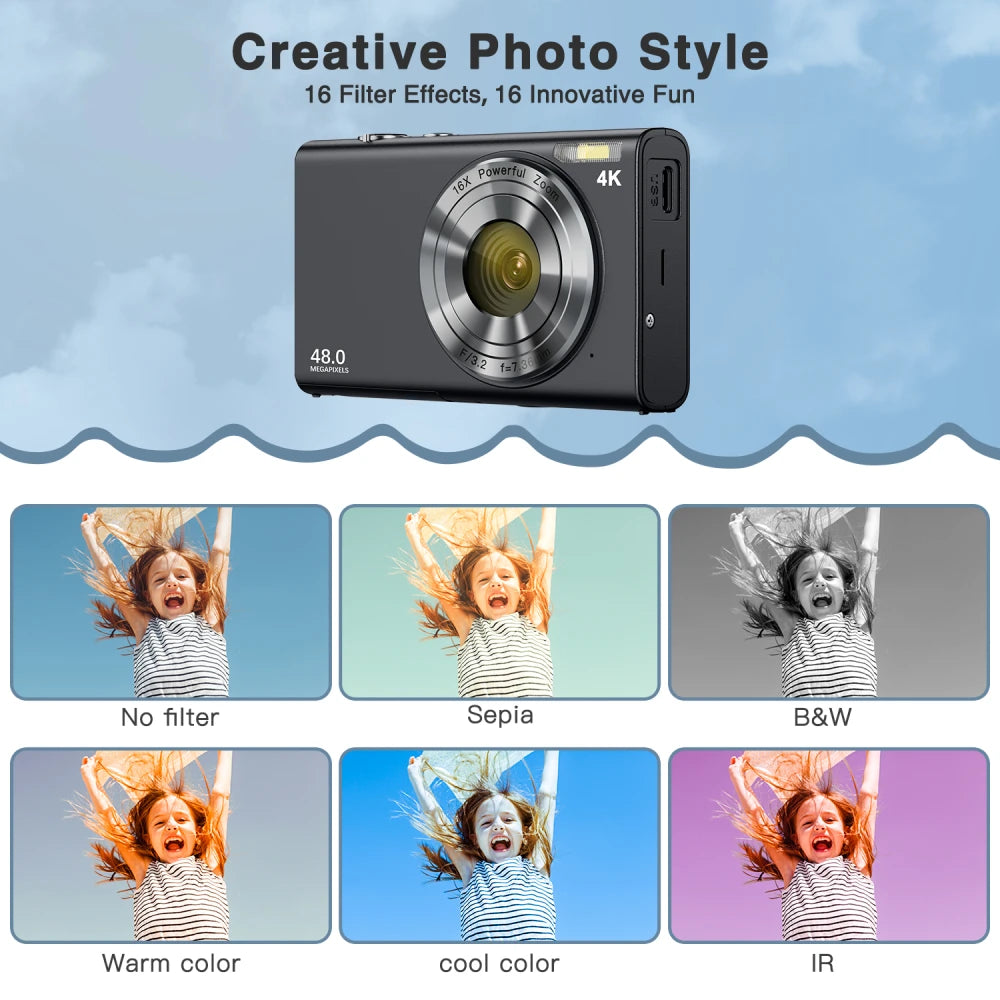 4K Digital Camera, Autofocus UHD Vlogging Camera with 32GB Card, 48MP 16X Digital Zoom Digital Camera Anti-Shake Portable Camera
