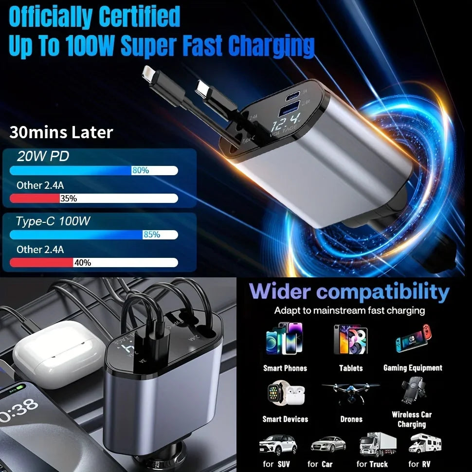 PowerFlex 120 – Cargador de Auto 4 en 1 con Cable Retráctil & USB Tipo C