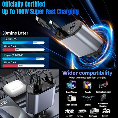PowerFlex 120 – Cargador de Auto 4 en 1 con Cable Retráctil & USB Tipo C