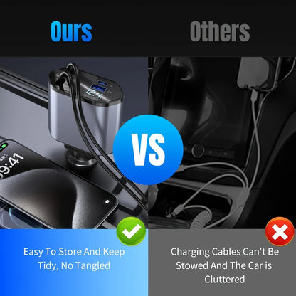 PowerFlex 120 – Cargador de Auto 4 en 1 con Cable Retráctil & USB Tipo C